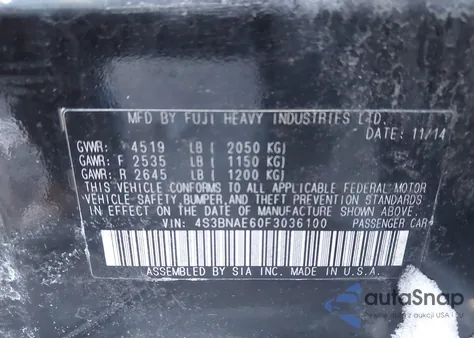 2015 Subaru Legacy 2.5I Premium z USA, uszkodzony, nr VIN 4S3BNAE60F3036100